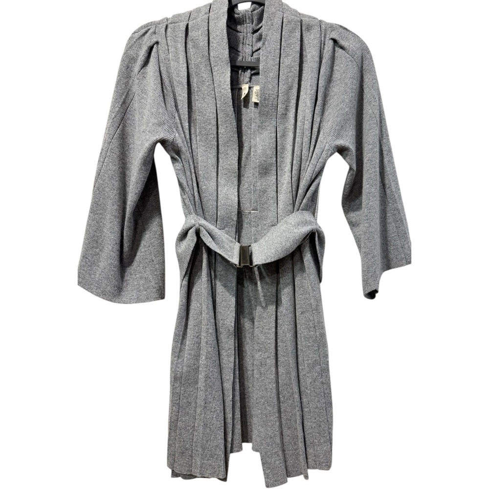 Anthropologie Moth Grey Pleated Flare‎ Sleeve Belted Open Front Knit Cardigan S